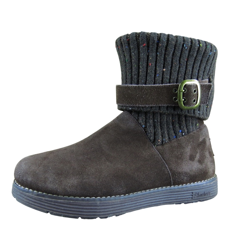 Skechers Women 8.5 Brown Suede Knit Cuff Ankle Boots Buckle Cozy Casual Comfort